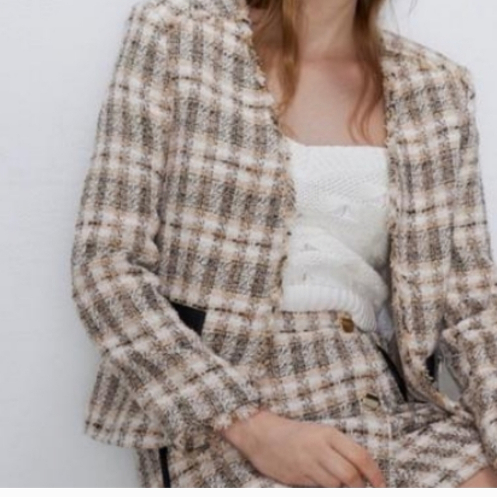 Zara Tweed V-neck Tweed Blazer